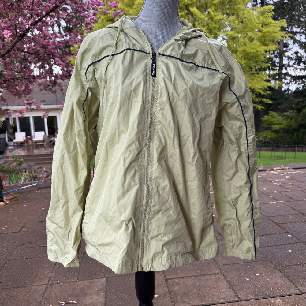 Kenpo Women XXL Windbreaker Jacket Pale Yellow Hooded Mesh Lined Full Zip Piping